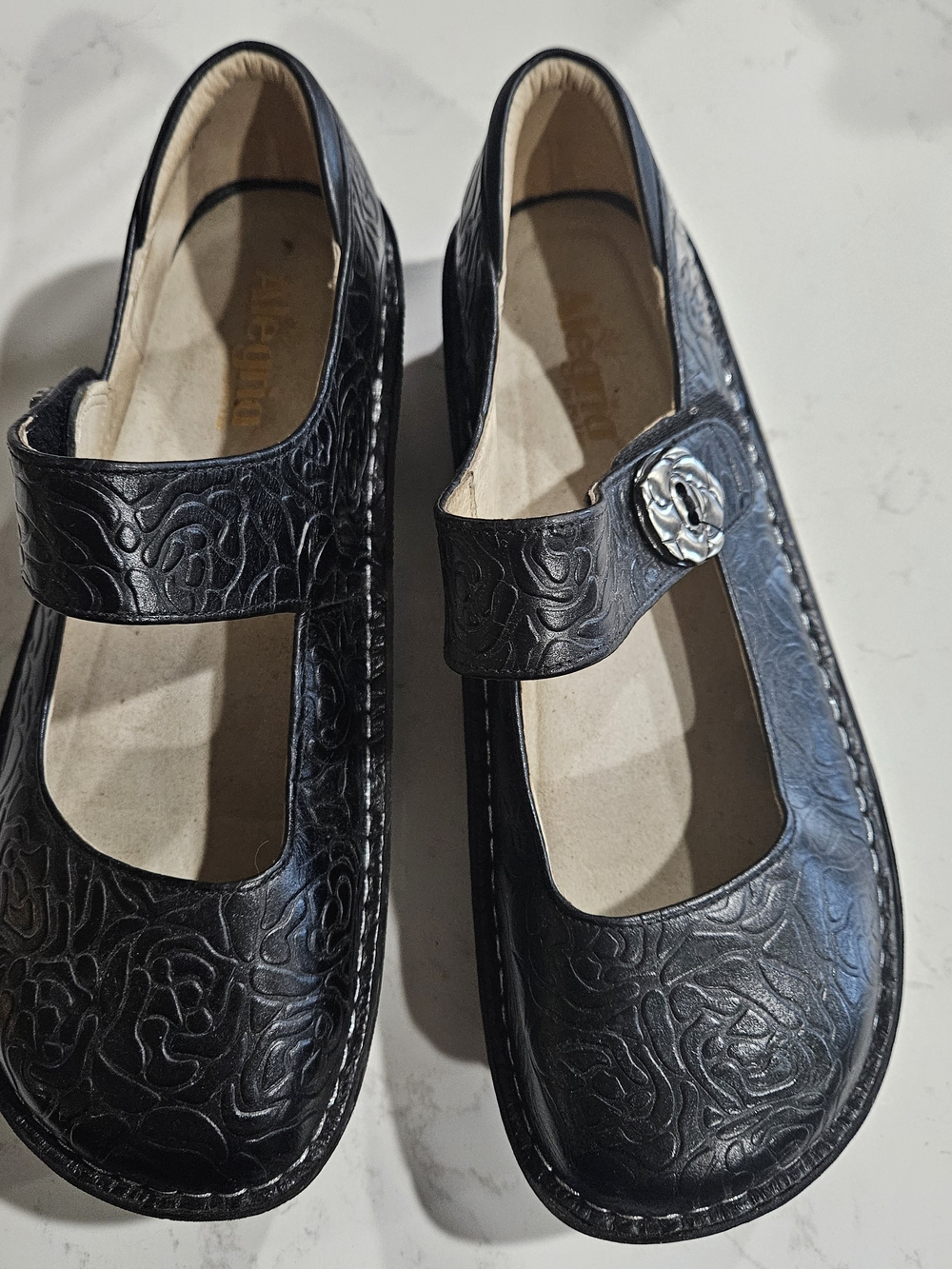 Women's Black Embossed Mary Jane Shoes By Alegria PAL 531 Leather Upper Size 42